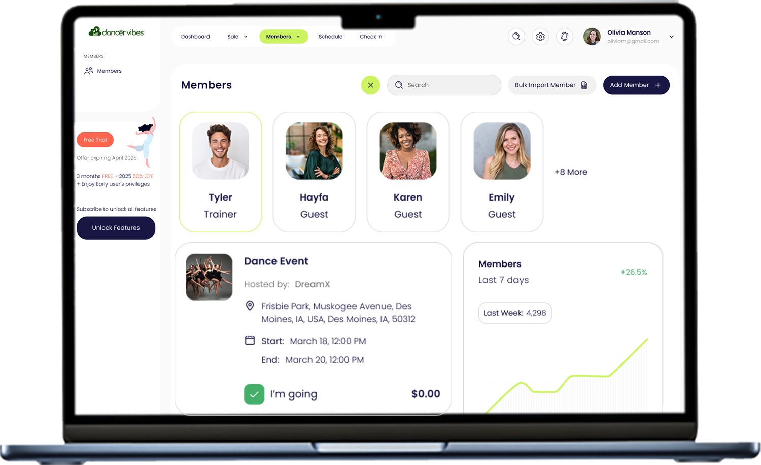 Dance studio management software dashboard on laptop