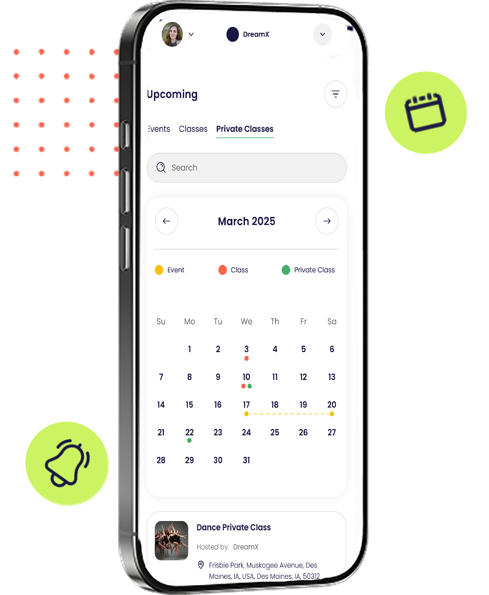 Mobile app interface showing scheduling dashboard