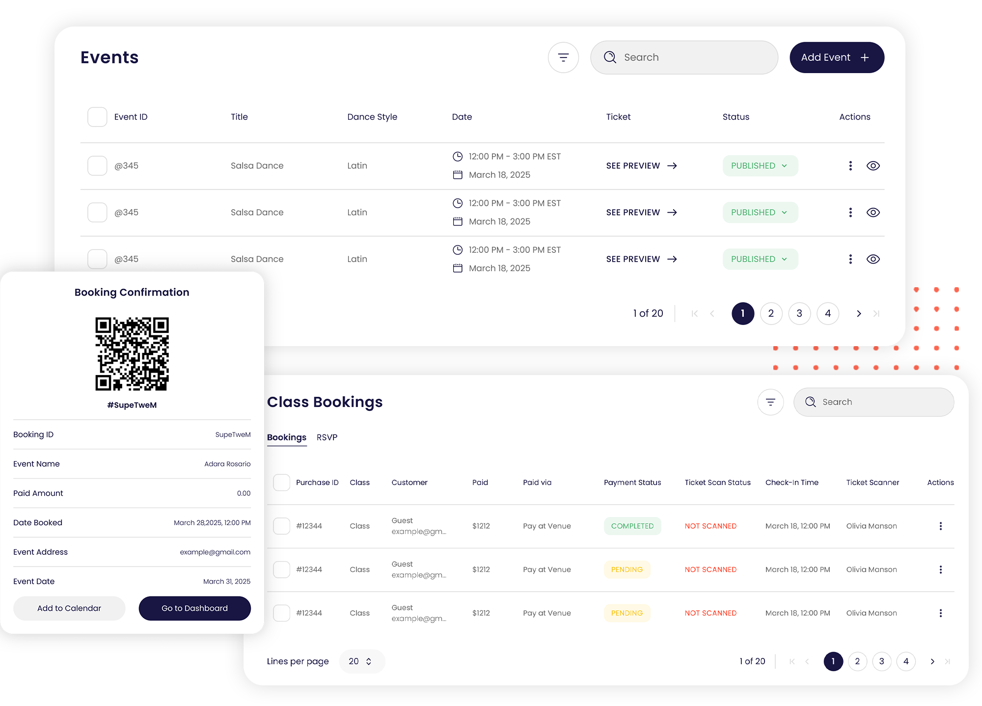 Dance studio management dashboard showing class scheduling interface
