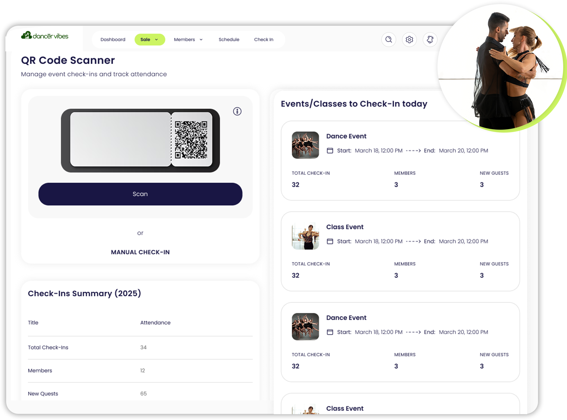 Dance studio management software dashboard on laptop